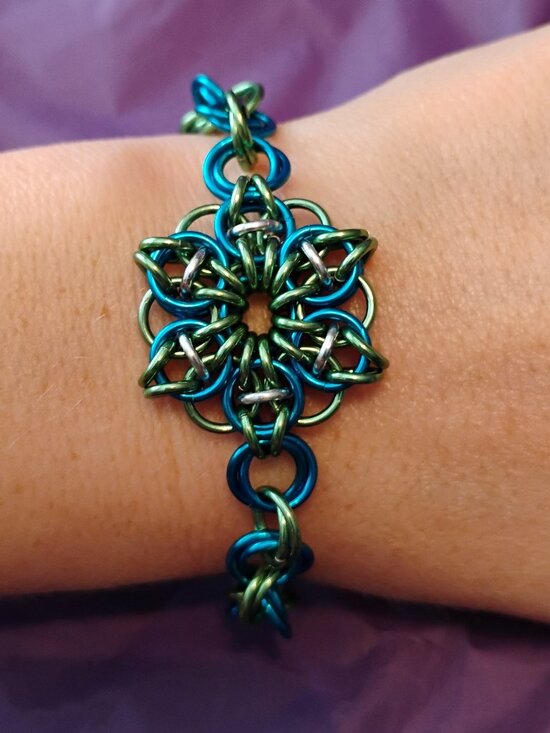 Tinkered Uniques Jewelry - Blue, Green, & Silver Celtic Visions bracelet